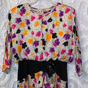 Oleg Cassini Silk Vintage Floral Polka Dot Dress Beaded Embellished Waist 12